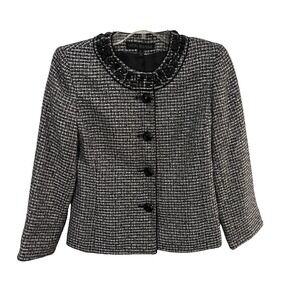 NIPON BOUTIQUE Women's Black White Tweed Blazer Jacket Beaded Collar Size 2